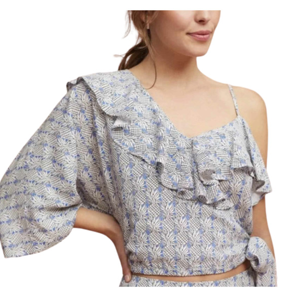 Anthropologie Tops - Anthropologie Maeve Asymmetrical Top Ruffle Pineapple Crop Top Knot Tie